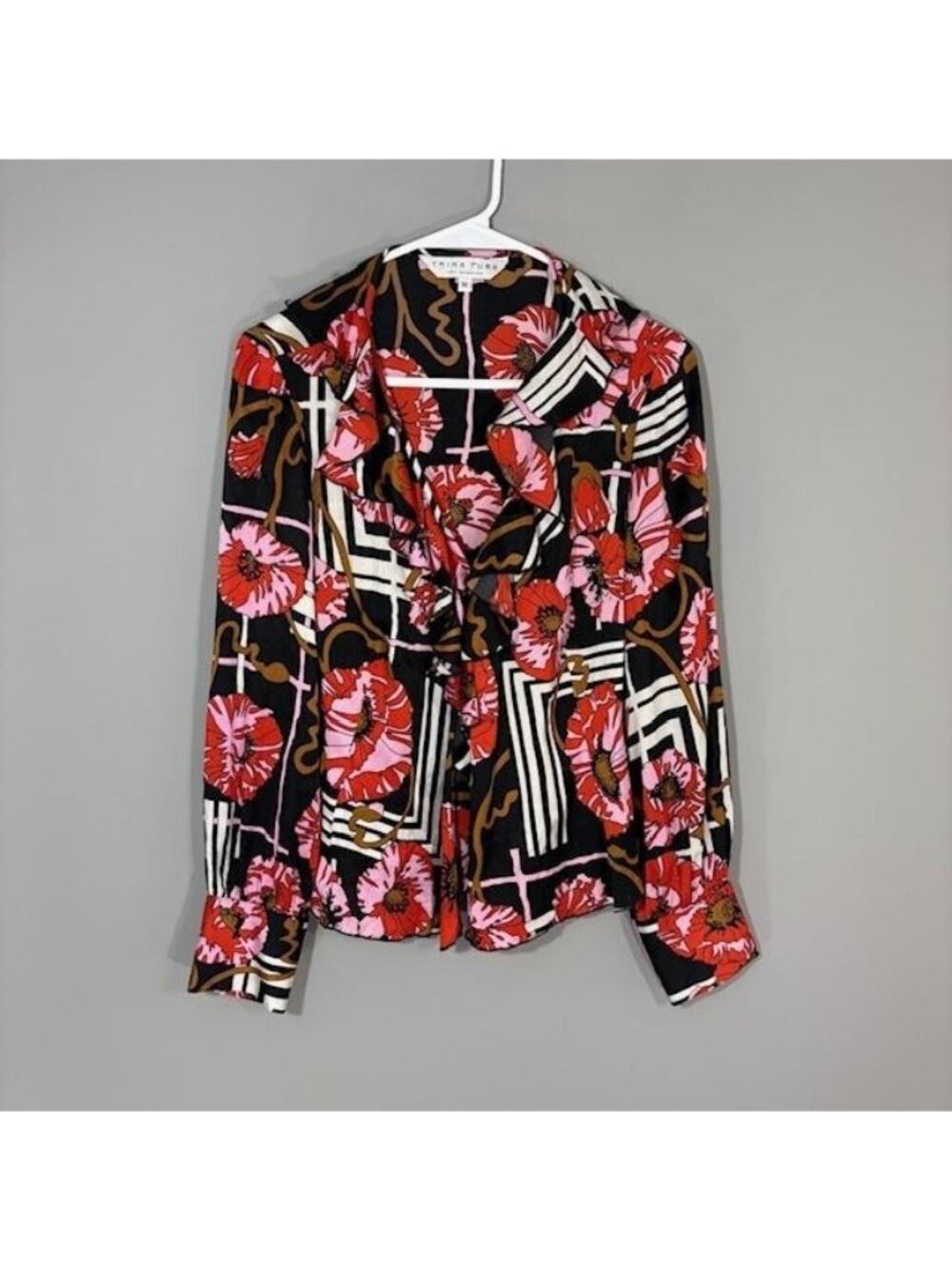 Trina Turk Blouse Womens Medium Multicolor Floral Silk V Neck Long Sleeve Top - Picture 1 of 11